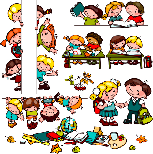 Dessin animé de dessins animés d’enfants d’école vecteur 04 mignon enfants école dessin animé   