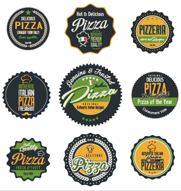 Étiquettes de pizza colorées avec des badges rétro vecteur 02 police rétro pizza étiquettes couleur badges   