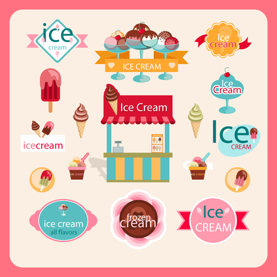 Niedliche Eislogos mit Etikettenelementen Vektor 02 logos label Eis cute Creme   