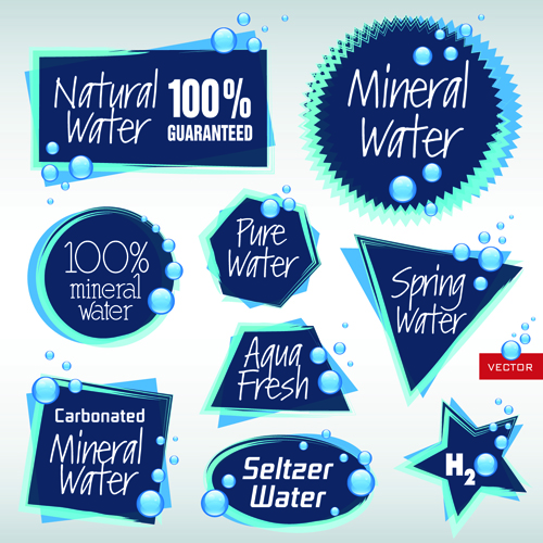 Dunkelblaue Naturwasseretiketten entwerfen Vektor Wasser Natürliches Etiketten Etikett Dunkel Blau   