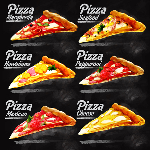 Pizza différente avec le vecteur de fond de tableau noir Tableau noir pizza different arrière plan   