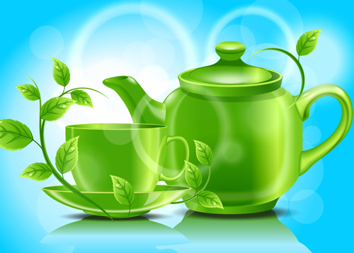 Théière de tasse de thé et feuilles vertes fond vecteur 01 théière tasse à thé fond de feuilles feuilles vertes   