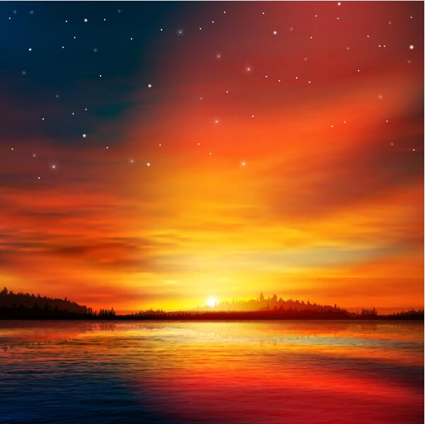 paysage de lac avec le vecteur de coucher du soleil 04 paysage lac coucher de soleil   