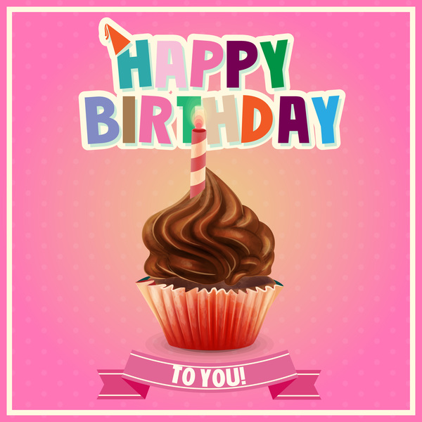 カップケーキハッピーバースデーピンクカードベクター 誕生日 幸せ ピンク カップケーキ カード   