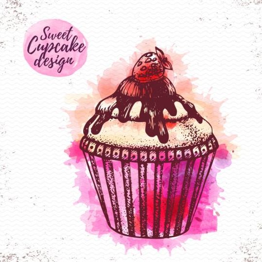 Sweet cupcake dessiné à la main aquarelle vecteur 01 sweet main dessiné cupcake aquarelle   