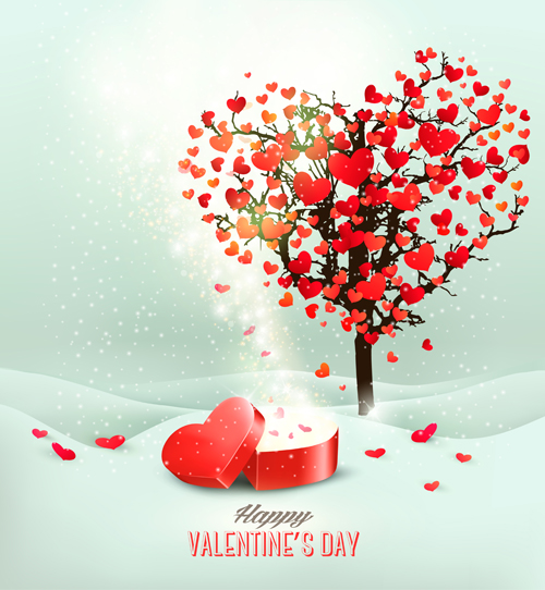 Arbre de coeur de Valentine avec le matériel de vecteur de boîte de cadeau 01 Valentine matériel coeur cadeau boîte arbre   