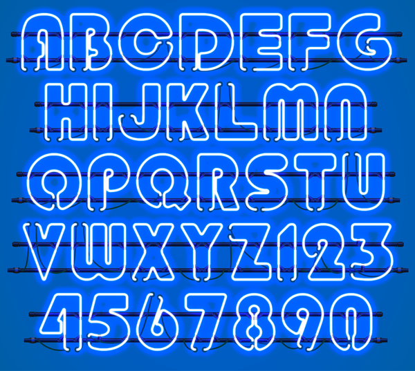 Alphabet bleu fluo avec des chiffres vecteur 02 neon chiffres Bleu alphabet   