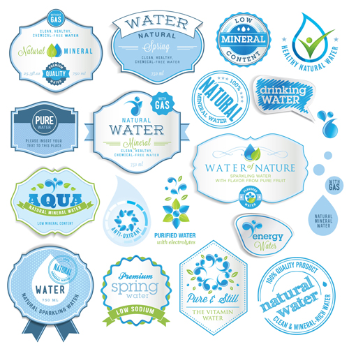 Wasseretiketten Vektor im Blauen Stil Wasser Etiketten Blau   