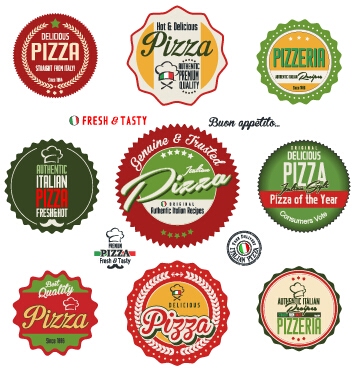 Étiquettes de pizza colorées avec des badges rétro vecteur 01 pizza étiquettes étiquette couleur badges   