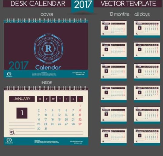 レトロなデスクカレンダー2017ベクトルテンプレート12 机 レトロフォント カレンダー 2017   