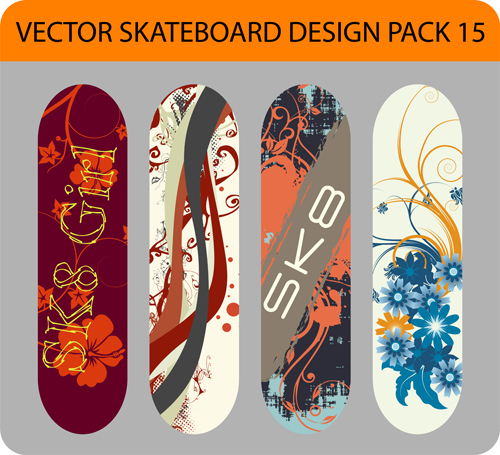 Stilvolles florales Skateboard-Vektorset 03 stylish skateboard floral   