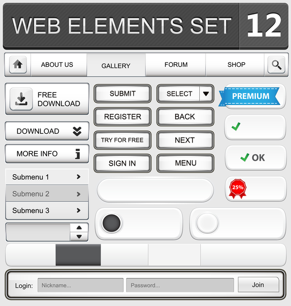 Éléments Web avec matériau vectoriel bouton Set 06 web elements bouton   