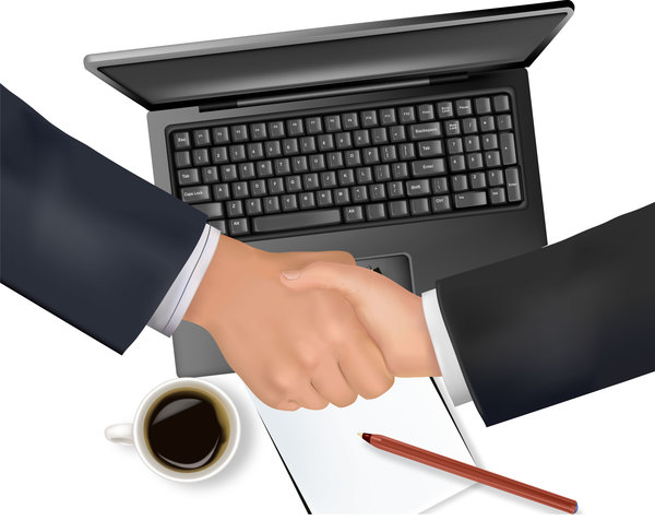 Handschlag und Laptop-Business-Vorlage Vektor laptop handshake Geschäftsvorlage   