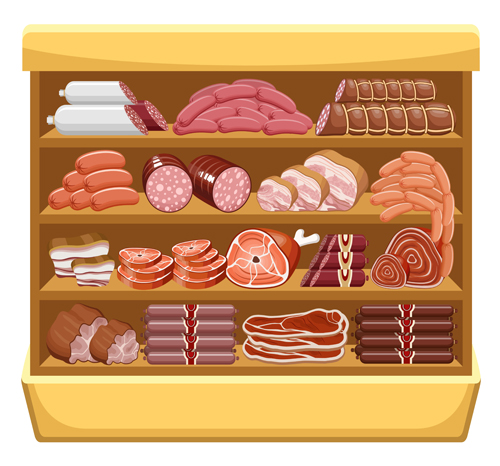 Supermarkt-Schaufenster und Lebensmittel-Vektor-Set 12 Supermarkt Schaufenster Lebensmittel   