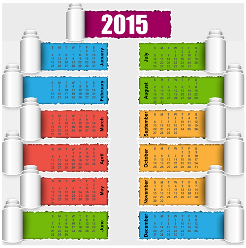 2015 calendrier papier déchiré couleur vecteur papier coloré calendrier 2015   