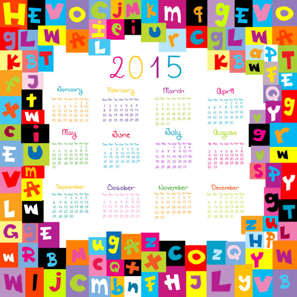 2015 calendrier avec vecteur alphabet coloré couleur calendrier alphabet 2015   