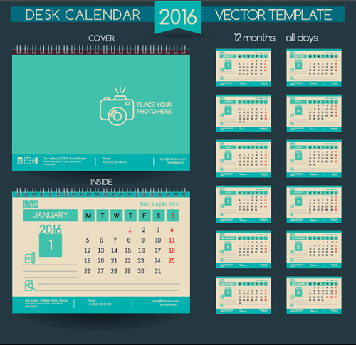 2016新年卓上カレンダーベクター素材17 材料 机 新しい 年 カレンダー 2016   