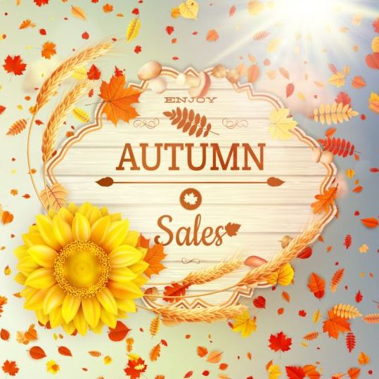 Étiquettes de vente d’automne avec tournesol et feuilles fond vecteur 08 vente tournesol fond feuilles étiquettes automne   