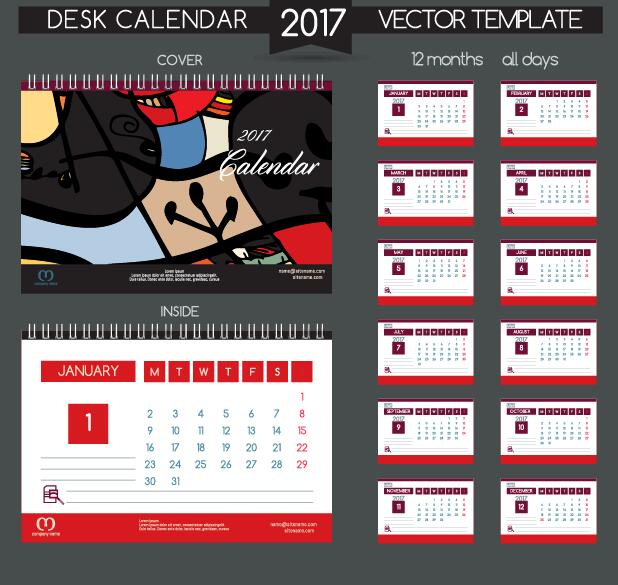 Schreibtischkalender 2017 Vektor Retro-Vorlage 07 Schreibtisch Retro-Schrift Kalender 2017   