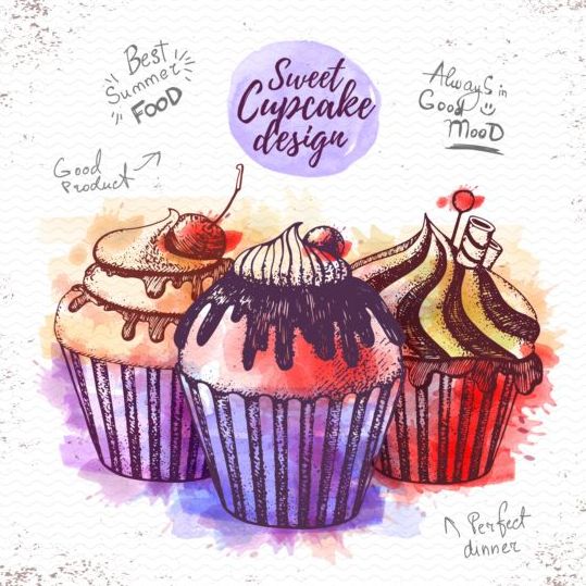 Sweet cupcake dessiné à la main aquarelle vecteur 08 sweet main dessiné cupcake aquarelle   