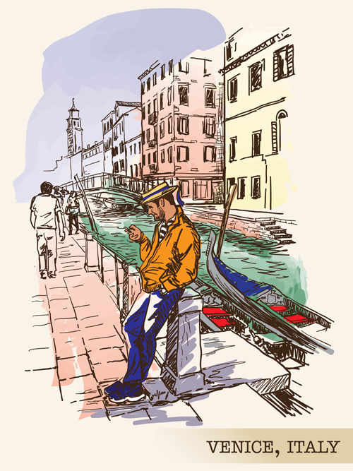 ヴェネツィアイタリア手描きの町背景ベクトル01 背景 町 手描き ヴェネツィア イタリア   