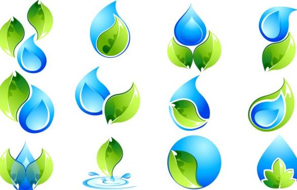 L’eau avec des feuilles vertes logos ensemble vecteur vert logos feuilles eau   