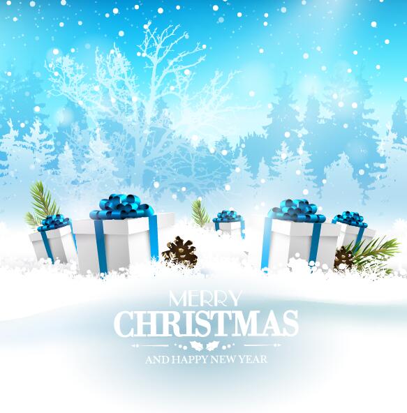 Winter-Weihnachtskarte mit Neujahr Geschenkboxen Vektor winter Weihnachten Neu Karten Jahr Geschenk Boxen   